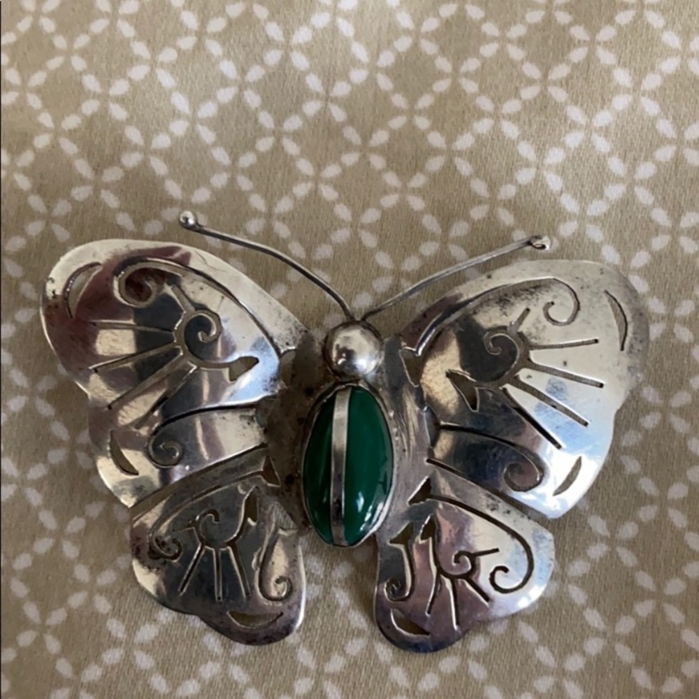Vintage sterling silver malachite butterfly pin.
